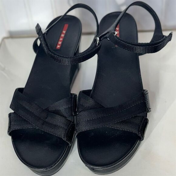 Prada Sport Black Wedge Sandals 40.5 Strappy Platform Hook & Loop Designer Shoes - Picture 2 of 11